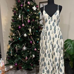 *JAPNA* Cream x Blue Pattern Print 100% Cotton Sleeveless Dress Size Large